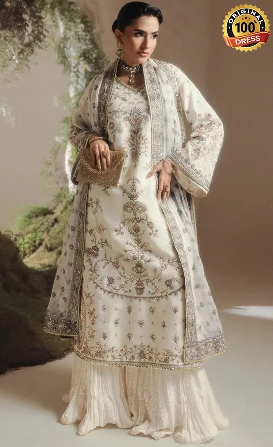 White Sharara Suit For Wedding Guests White sharara suit for wedding guests with elegant hand embroidery and silk detailing