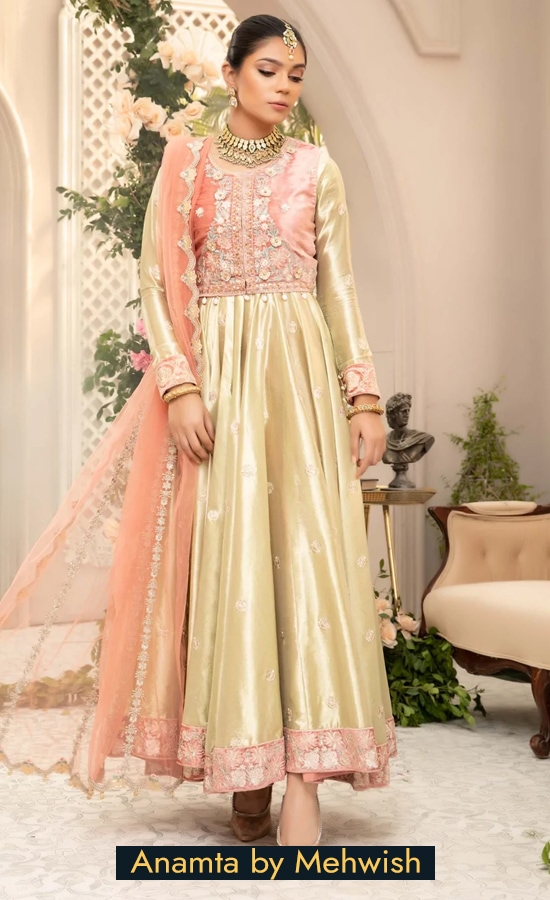 Anamta by Mehwish Embroidered Velvet Luxury Gold Dress 1