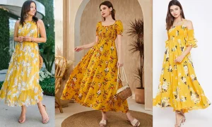 Breezy and Trendy Floral Yellow Frock Suits