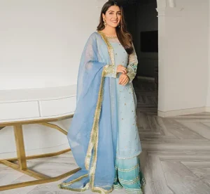 Ayeza Khan sets wedding fashion goals in a shimmering blue sharara