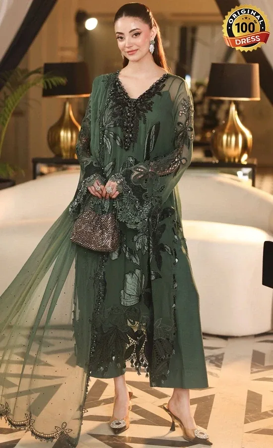Dark Green Salwar Kameez For Wedding Guests Dark green organza salwar kameez with hand embroidery, 3D flowers and embellished detailing