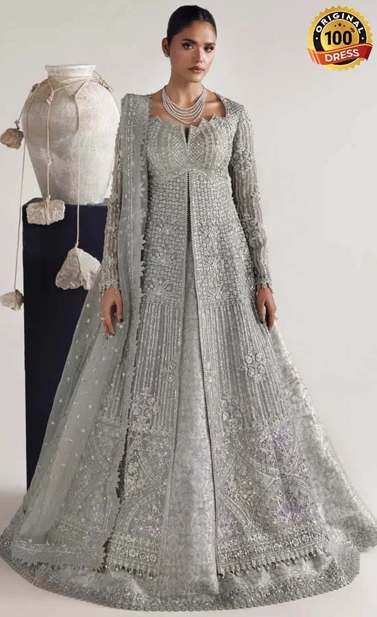 Grey maxi dress for wedding guests with elegant embroidery and sophisticated formal styling