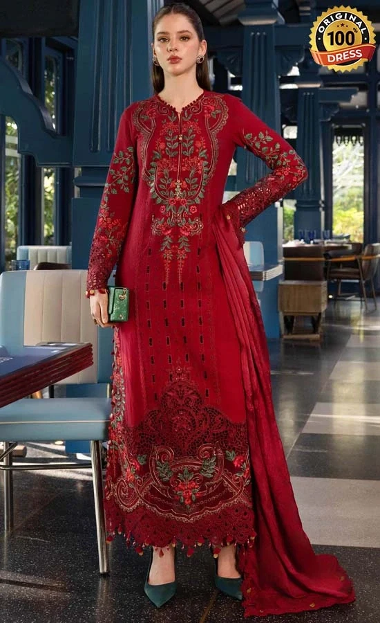 Red colour salwar suit for wedding guests with elegant embroidery and traditional detailing
