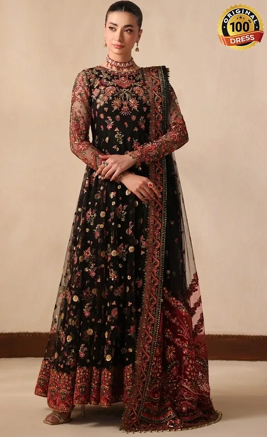 Black Colour Anarkali Dress For Wedding Guests Black colour Anarkali dress for wedding guests with elegant embroidery and traditional detailing