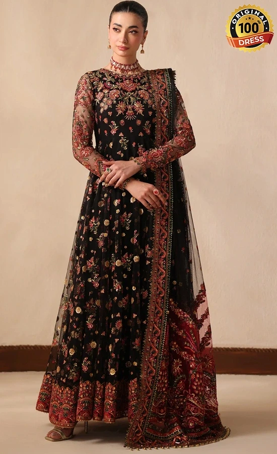 Black colour Anarkali dress for wedding guests with elegant embroidery and traditional detailing