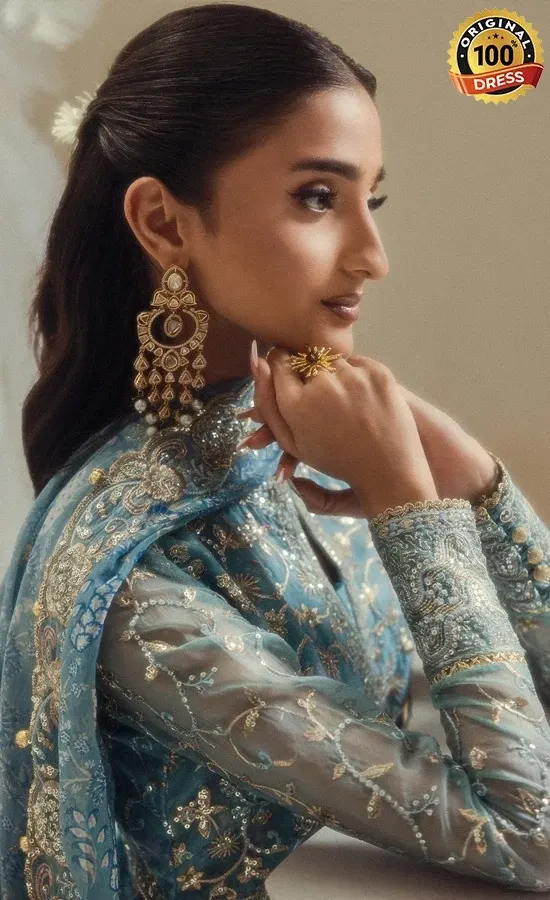 Blue organza Anarkali frock with intricate embroidery, embellished panels and graceful floor-length styling
