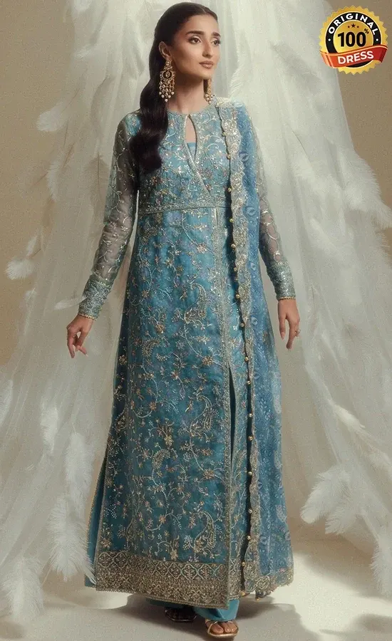 Blue Organza Anarkali Frock Blue colour Anarkali dress for wedding guests with elegant organza embroidery and traditional detailing
