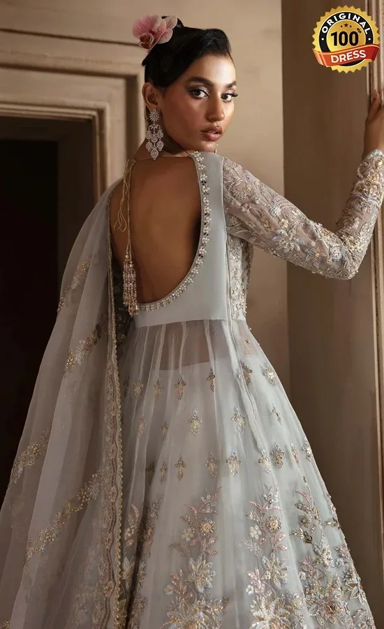 Embroidered sea blue lehenga choli for wedding guests from Romensiya Luxury Formals