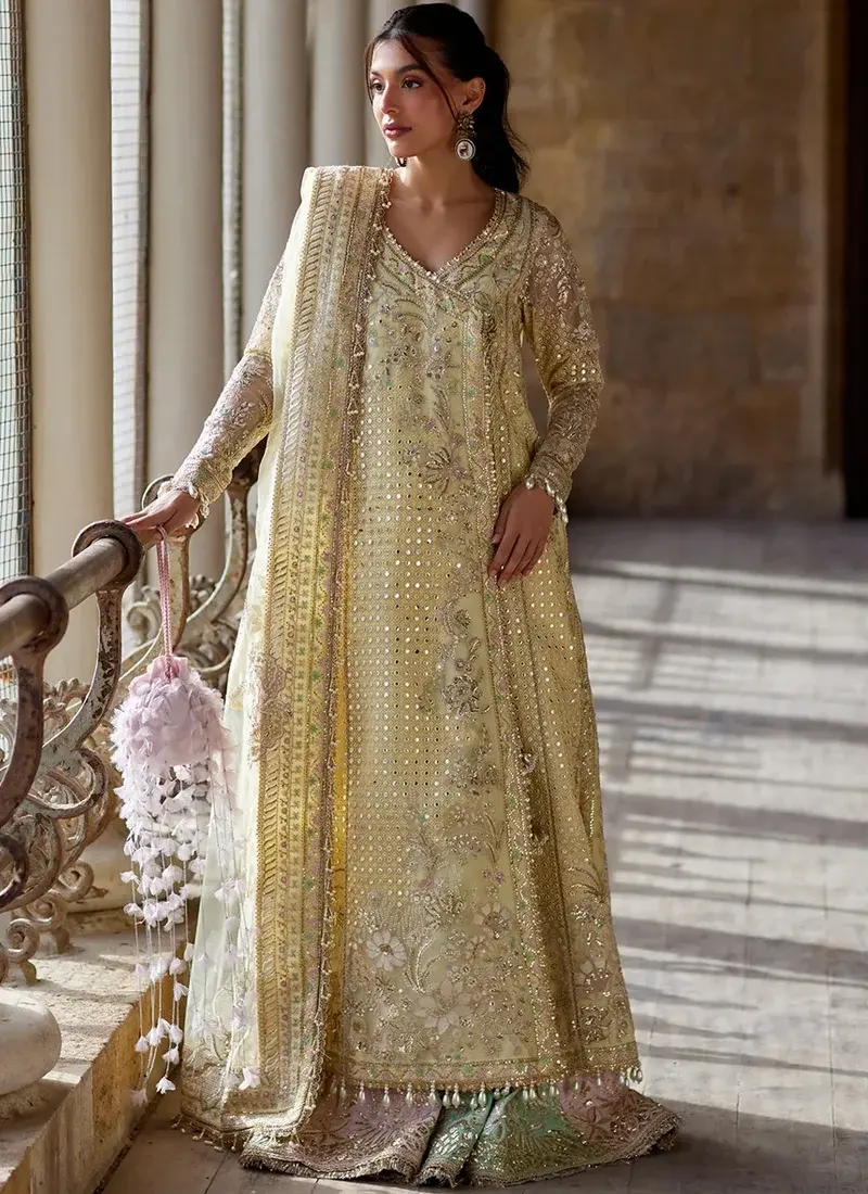 Embroidered Yellow Wedding Guest Suit Yellow wedding guest suit with embroidered patchwork and decorative tassel finishing
