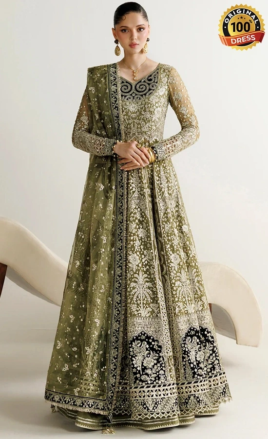 Green colour lehenga choli for wedding guests with elegant hand embroidery and chiffon detailing