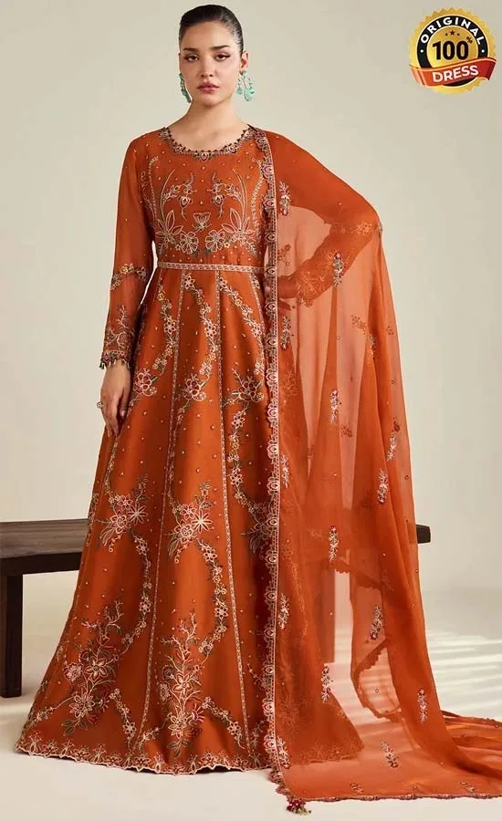 Orange Colour Anarkali Suit For Wedding Guests Orange colour Anarkali suit for wedding guests with elegant hand embroidery and chiffon fabric
