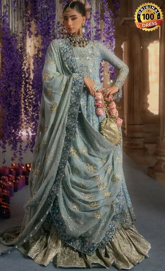 Pakistani Angrakha frock for wedding guests with embroidered detailing and elegant traditional silhouette