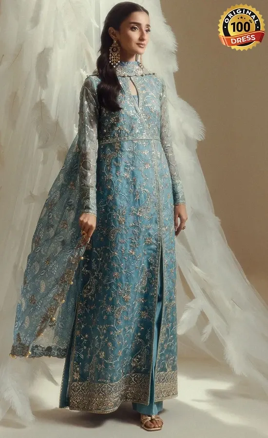 Pakistani blue Anarkali dress for wedding guests with embroidered organza and elegant traditional styling