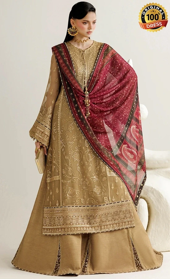 Pakistani brown salwar kameez for wedding guests with intricate embroidery and graceful formal finishing