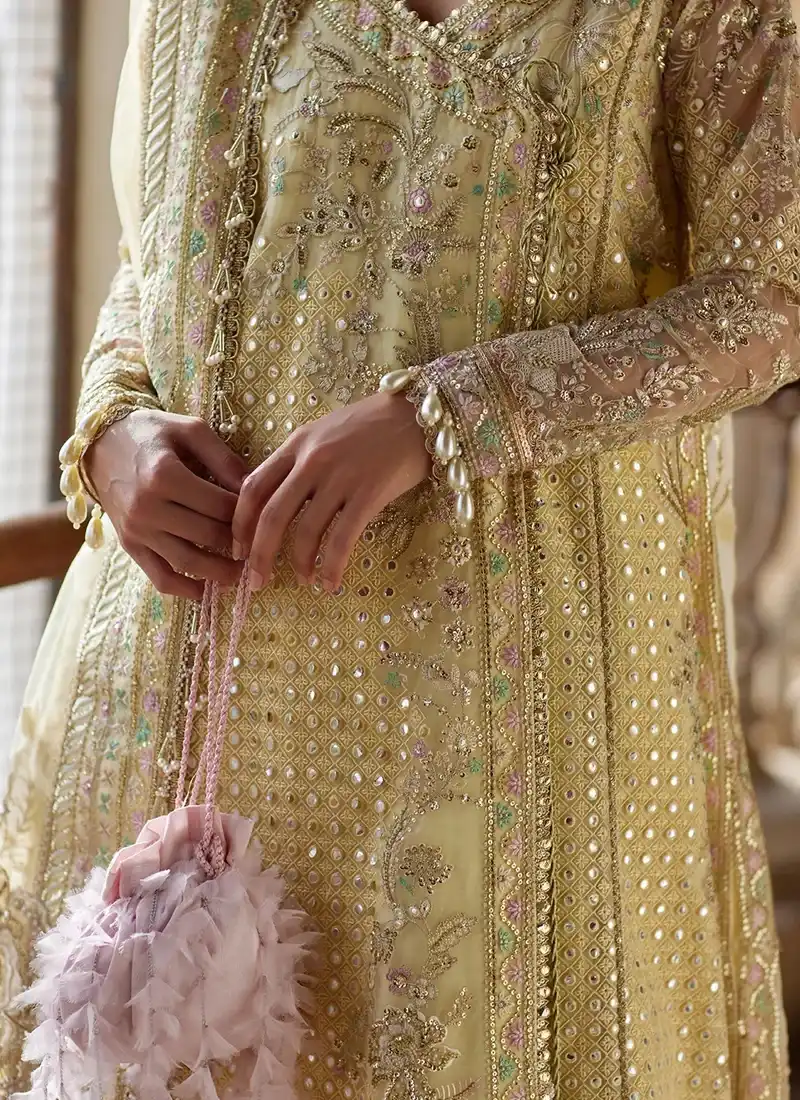 Yellow Indian suit for wedding guests with embroidery, organza detailing and decorative tassels