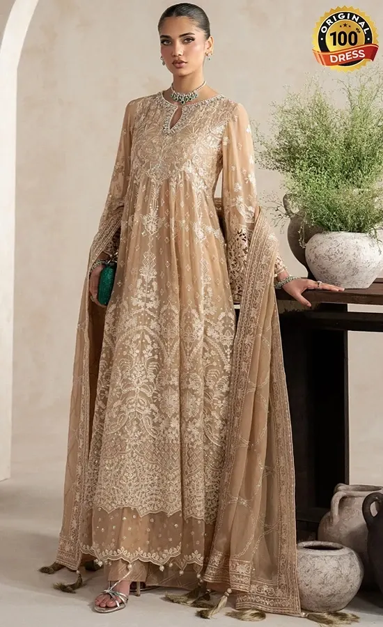Embroidered golden Anarkali dress for wedding guests with tissue zari and traditional detailing