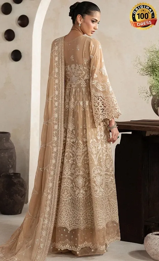 Golden chiffon Anarkali suit with intricate embroidery and graceful floor-length styling