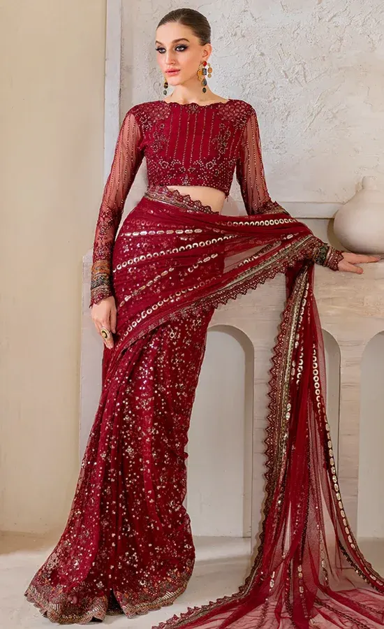 Maroon Colour Blouse with Saree For Wedding Guests