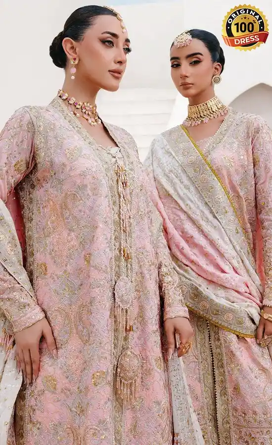Pakistani dusty pink salwar kameez for wedding guests with embroidered chiffon detailing