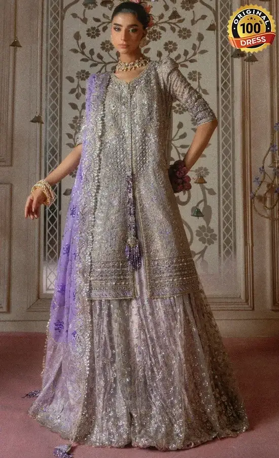 Purple sharara for wedding guests with elegant hand embroidery and zari khaddi net detailing