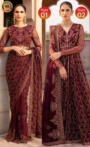 Burgundy saree for wedding guests with hand embroidery and elegant net detailing