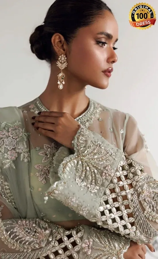 Pakistani sage green plazzo suit for wedding guests with organza fabric and raw silk dupatta