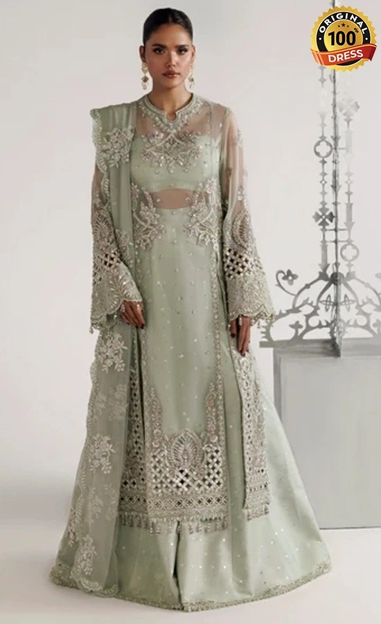 Sage Green Plazzo Suit For Wedding Guests Sage green plazzo suit for wedding guests with elegant hand embroidery and organza detailing