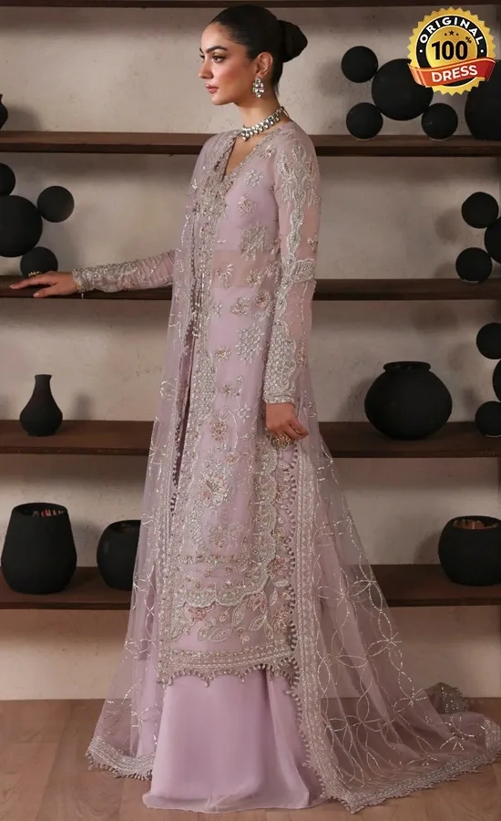Baby pink chiffon salwar kameez with embroidered sleeves, organza borders and graceful formal styling