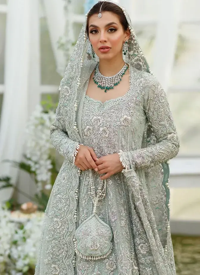 Aqua bridal frock with lehenga featuring pure hand embroidery, sequins and elegant bridal embellishments
