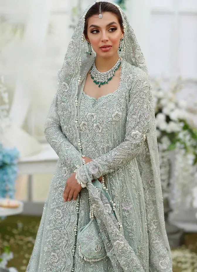 Embroidered aqua bridal frock with lehenga featuring pearls, stones, dabka and detailed handcrafted work