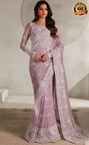 Chiffon saree for wedding guests with elegant hand embroidery