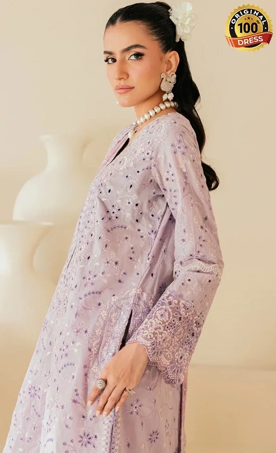 Pakistani lilac shalwar kameez for wedding guests with embroidered lawn and detailed finishing