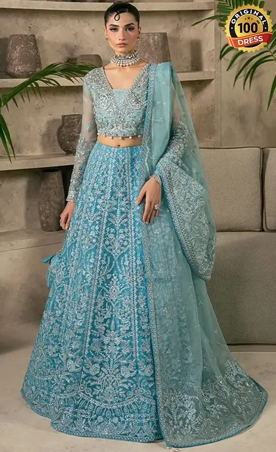 Teal Lehenga For Wedding Guests Teal organza lehenga dress with hand embroidery and graceful formal styling