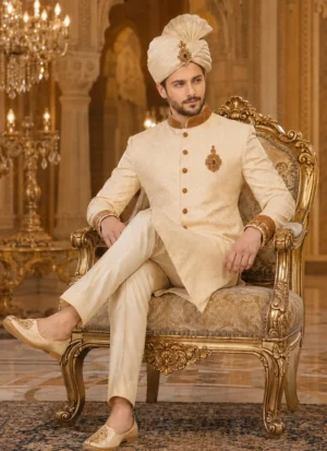 Groom seated in a cream and gold sherwani with matching turban and khussa