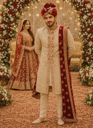 Groom wearing a golden Pakistani sherwani with deep red turban for a wedding