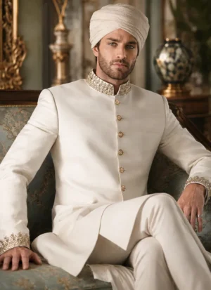 Groom seated in a white sherwani with ivory and gold turban