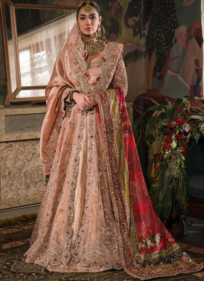 Peach Ammara Khan-inspired open bridal gown over Atlas lehenga with bronze, gold, rose-gold and silver embroidery