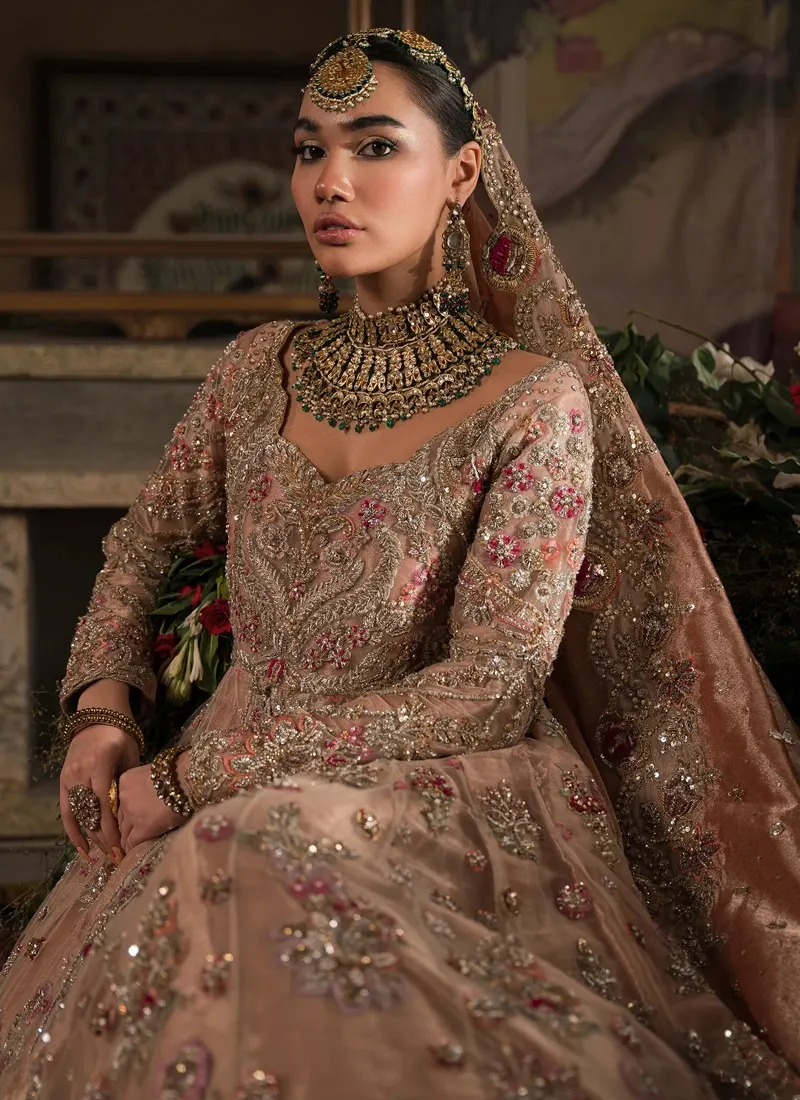 Peach Ammara Khan-inspired open bridal gown over Atlas lehenga with bronze, gold, rose-gold and silver embroidery