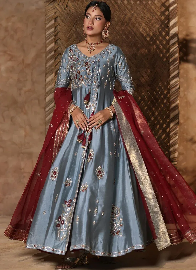 Bluish grey wedding Peshwas for bride with graceful Angrakha silhouette and maroon