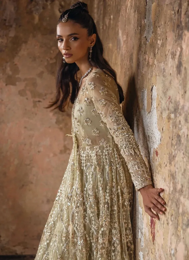 Embroidered butter yellow Angrakha for brides with handcrafted festive detailing