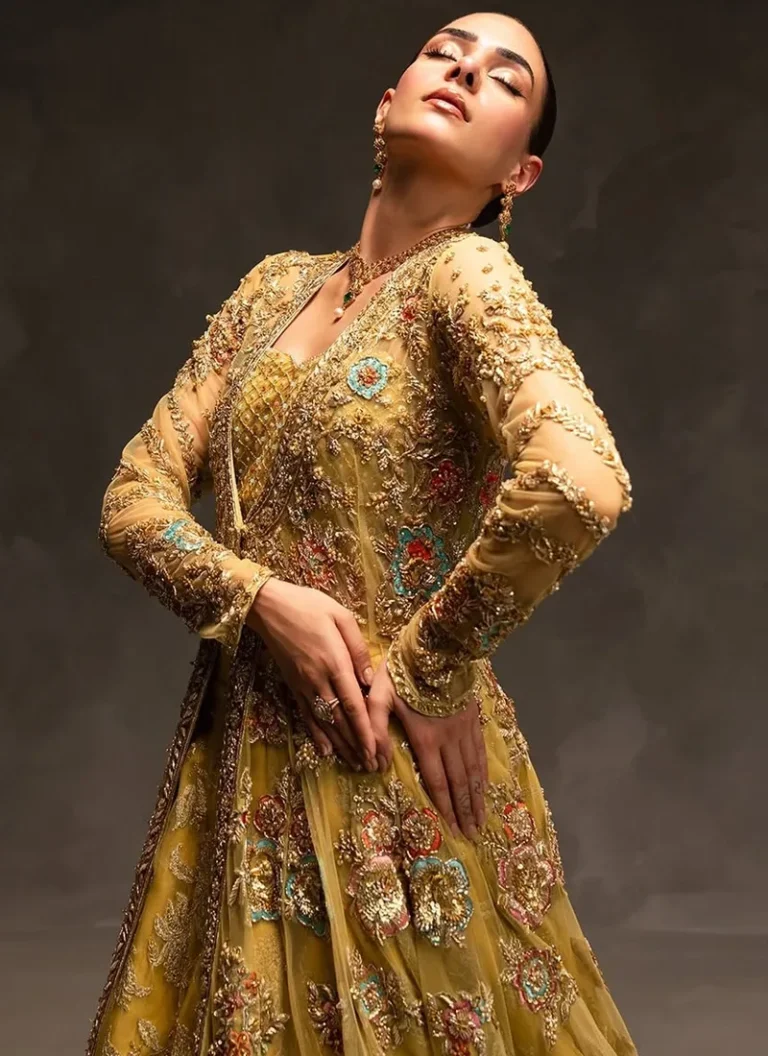 Embroidered Mehndi bridal lehenga with traditional Eastern bridal detailing and handcrafted embellishments