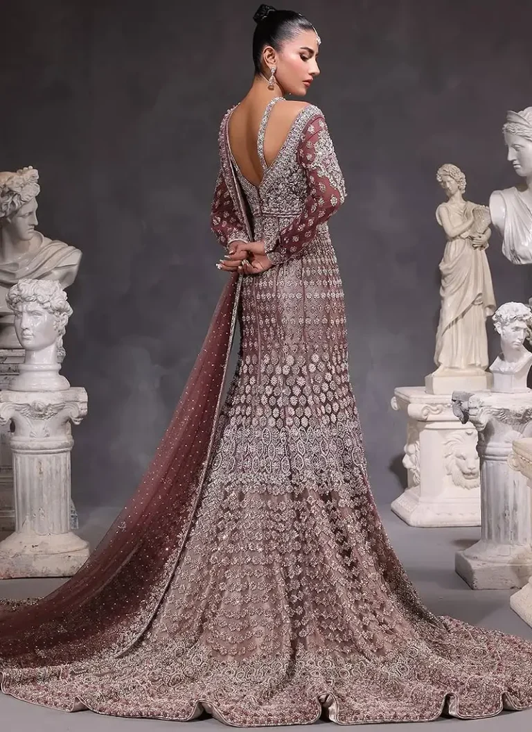 Mermaid lehenga for Nikkah ceremony with intricate hand embroidery and graceful bridal styling