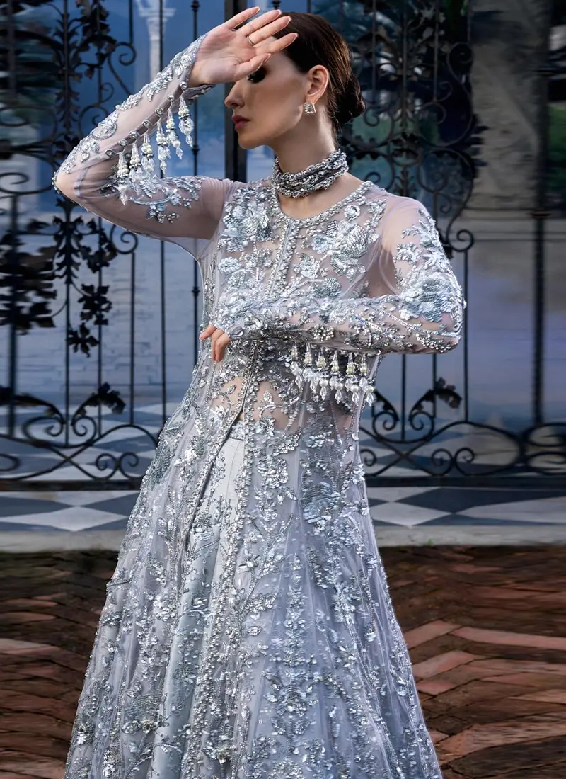 Cool silver organza bridal gown with vertical floral embroidery, silk lining and full skirt
