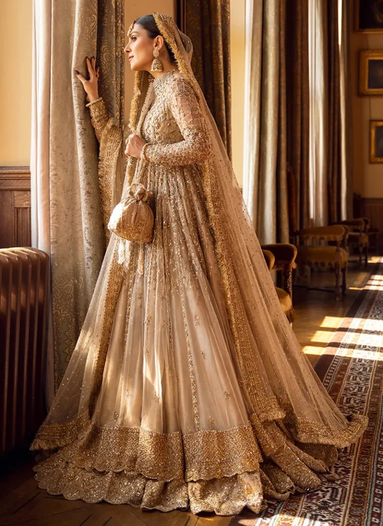 Pakistani golden net pishwas with detailed hand embroidery and graceful bridal styling