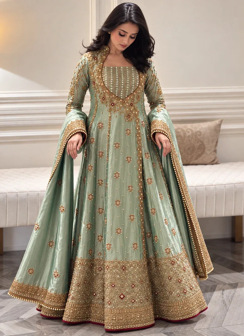 Pakistani sage green Angrakha dress with traditional gold embroidery, crystal embellishments and formal styling