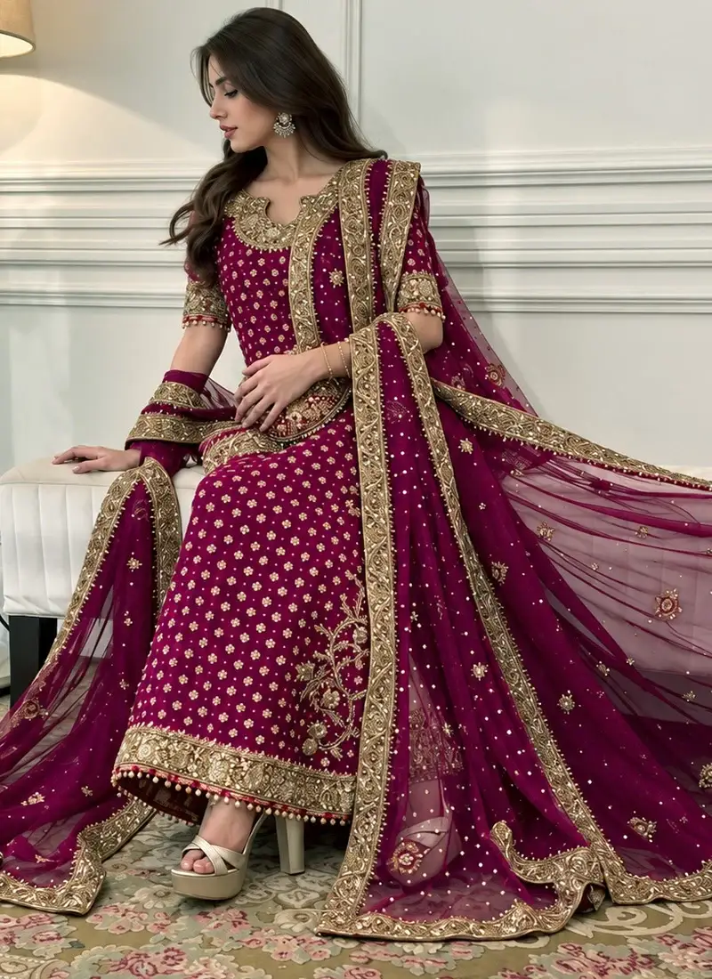 Plum purple Pakistani long formal dress with gold zardozi embroidery and matching trousers