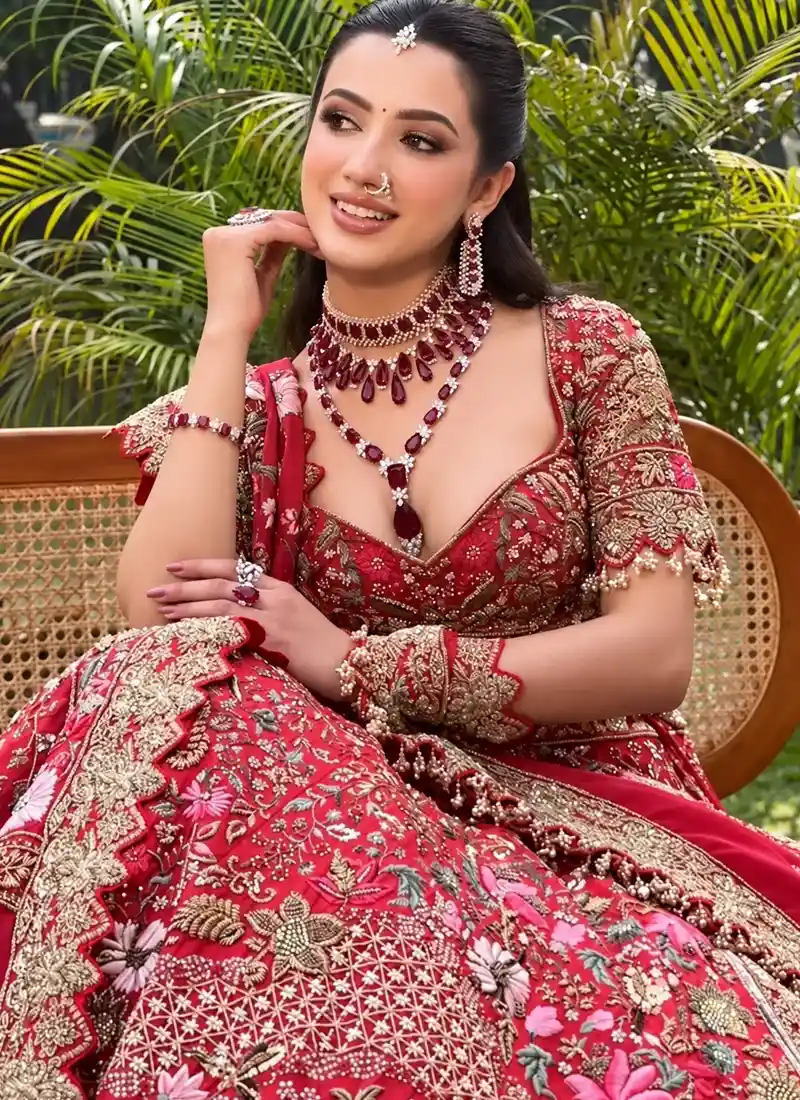 Rani pink 14-kali bridal lehenga with pointed arch panels, floral sprays and gold-toned embroidery