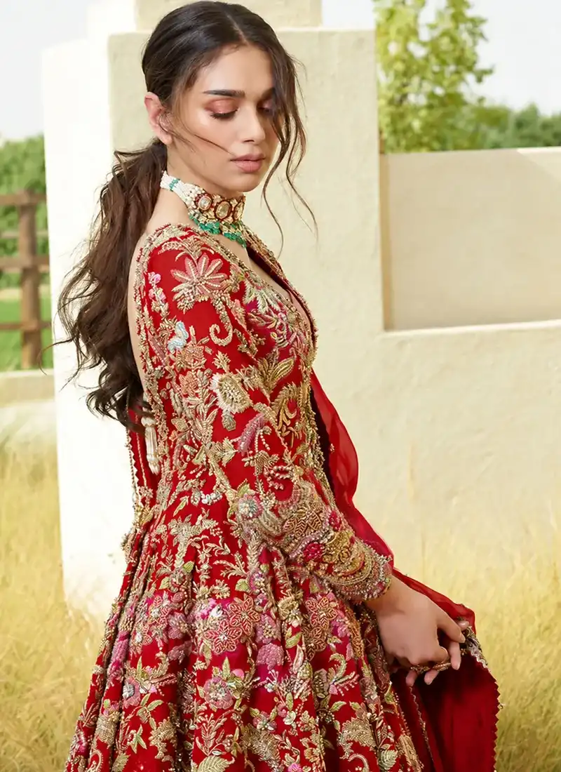 Red Open Frock with Embellished Lehenga