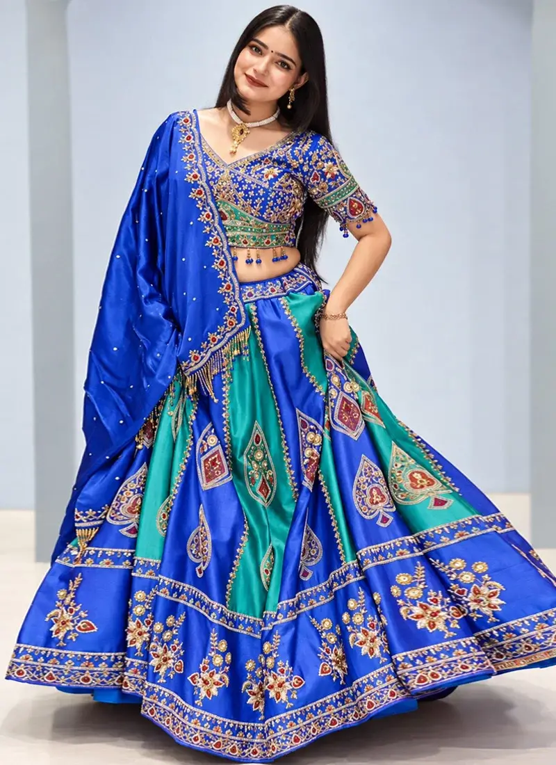 Royal blue and teal green Indian bridal lehenga choli with elegant multicolour motifs
