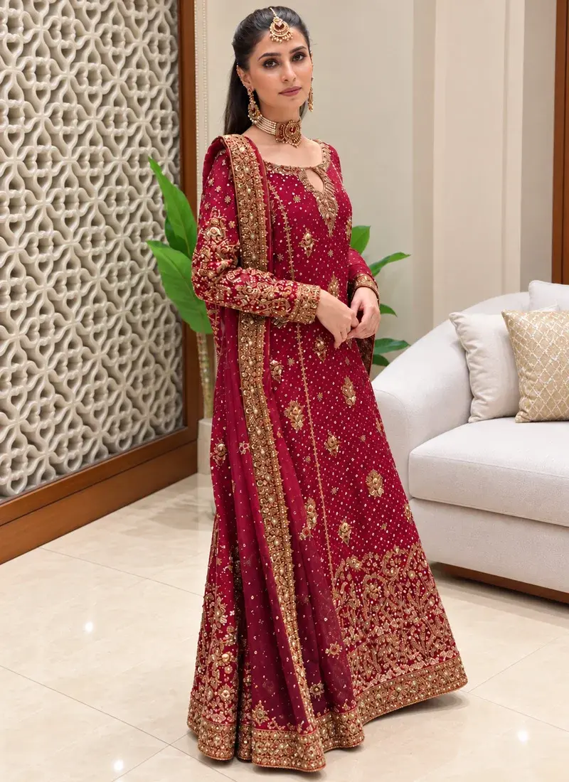Ruby red Pakistani long formal dress with gold zardozi hand embroidery and elegant formal styling